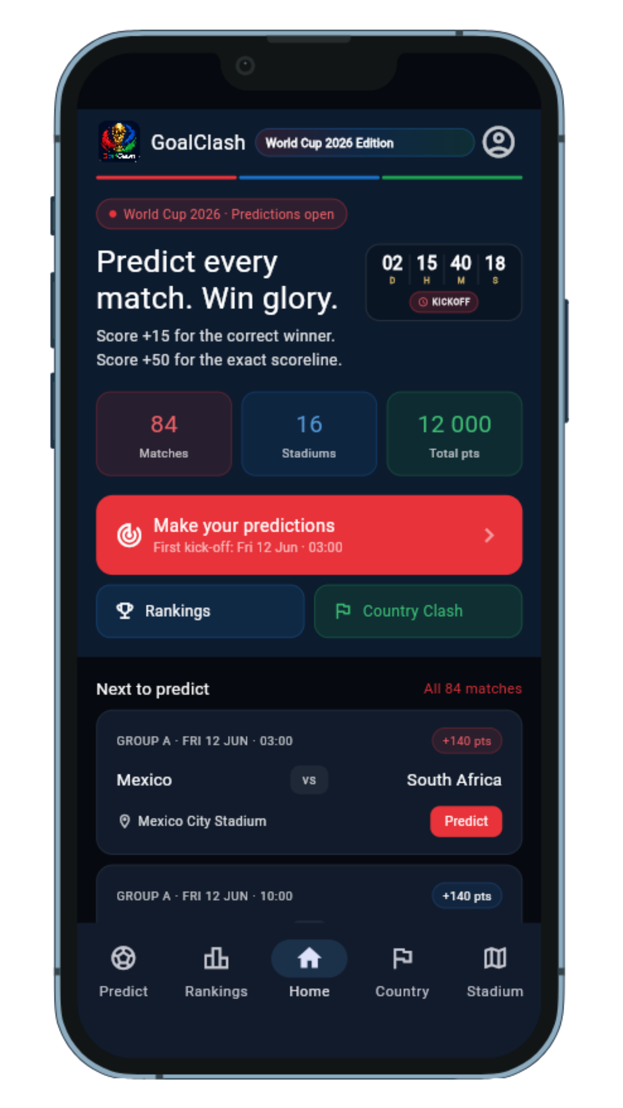 GoalClash home dashboard with kickoff countdown and match predictions